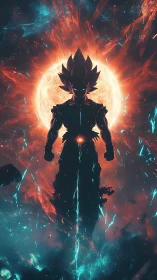 Celestial energy warrior silhouette before erupting solar core
