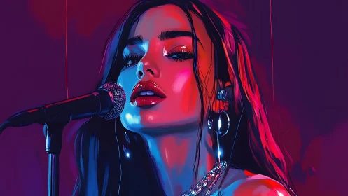 Neon-lit vocalist rendered in high-contrast digital brushwork and glow