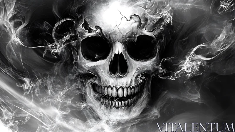 Smoking skull emerges from swirling monochrome vapors.