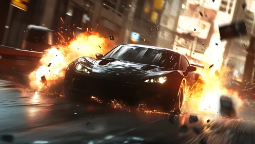 Midnight supercar blasting through explosive city chaos.
