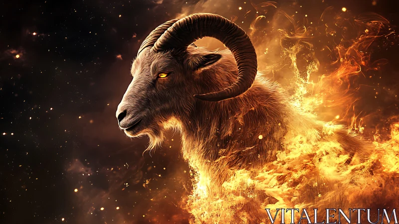 Fiery cosmic ram emerging through blazing golden flames.