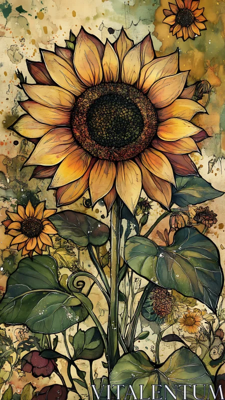 Sunflower giant rises over an inky wild garden dream.