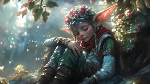 Forest elf child naps beneath dappled enchanted light.