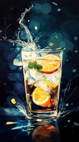 Splash dynamics in beverage composition with citrus garnish.