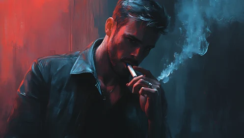 Noir portrait of smoking man in red-blue rim lighting study