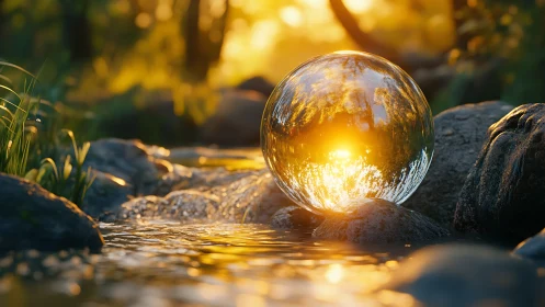 Sunlit crystal sphere nestles peacefully in a golden stream