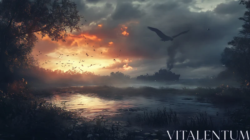 Storm-lit riverbank frames cargo vessel under ominous sky