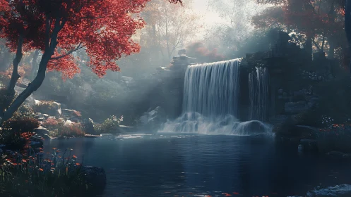 Mystical forest waterfall under crimson autumn canopy.
