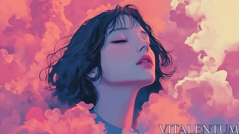 Dreamlit portrait in neon clouds with soft surreal gradients.