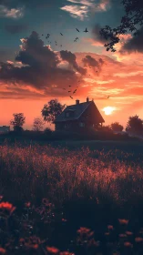 Twilight fields cradle a lone cottage in ember-washed hush