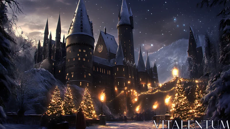 Snow-covered castle courtyard glowing with festive lights.