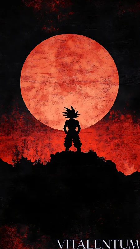 Warrior silhouette dominates red lunar horizon under glare.
