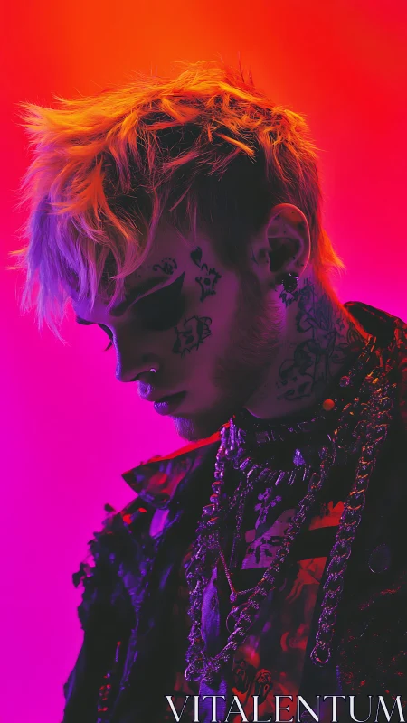 Portrait of punk styled person in neon gradient lighting.