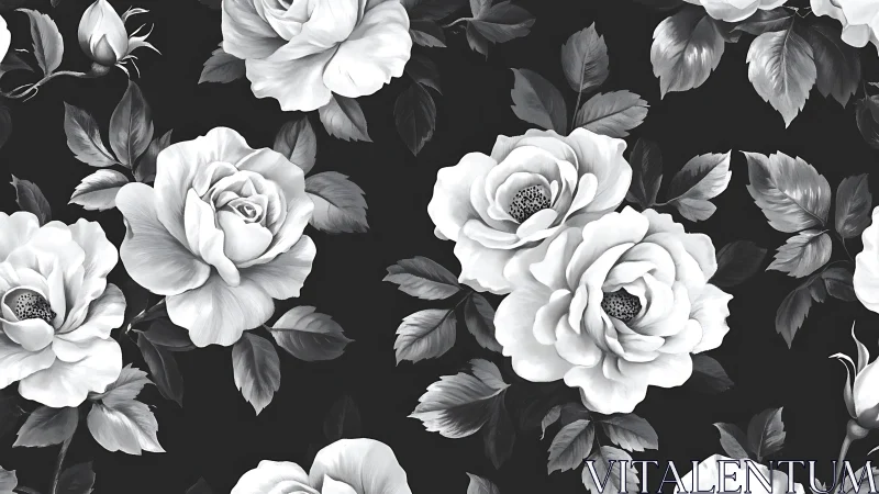 Monochromatic floral botanical study: densely layered roses with grayscale tonal rendering