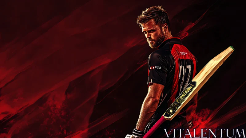 Cricketer in dynamic red lighting rendered as dramatic digital portrait