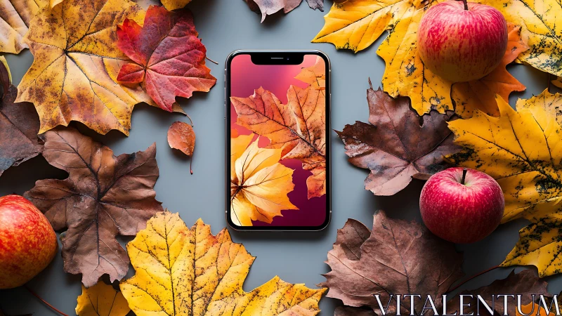 Smartphone with autumn leaf wallpaper among apples and foliage