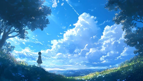 Solitary girl beneath vast luminous summer sky panorama.