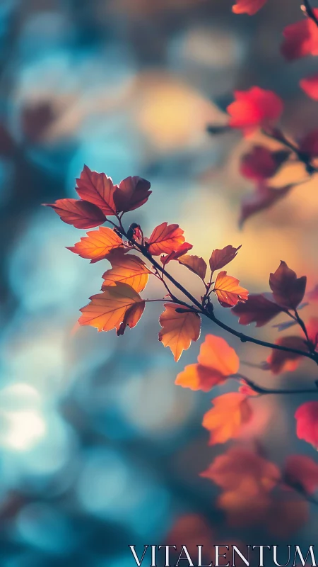 Orange autumn leaves in soft blue bokeh background scene.