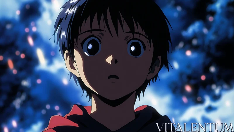 Anime boy stares forward with wide eyes against blue lights