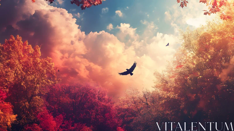 Backlit autumn canopy with silhouetted birds against volumetric sky