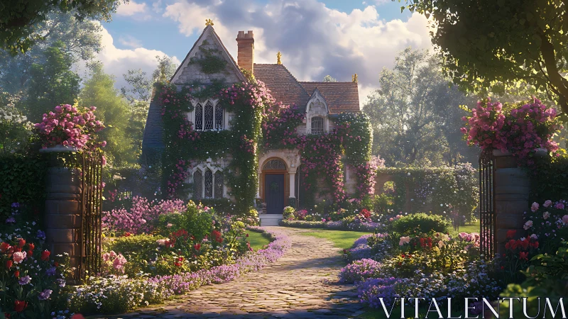 Storybook cottage nestles in a radiant, flower-laden garden