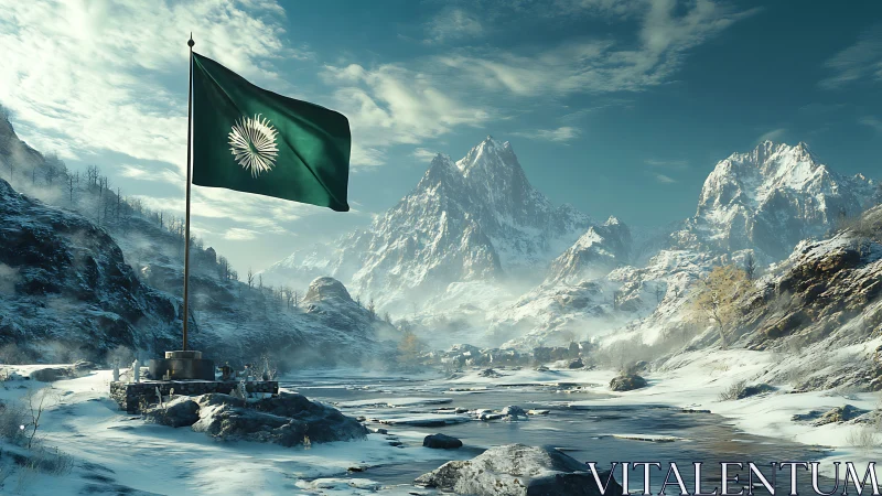 Mountain stronghold flag over frozen river valley scene.