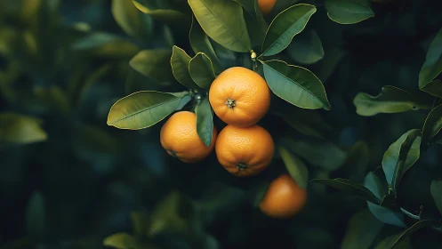 Photorealistic citrus cluster within deep green foliage study.