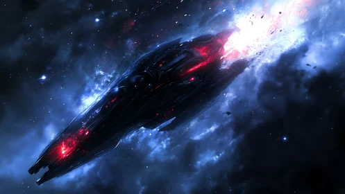 Sleek warship erupts through nebula in blazing red light