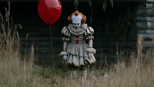 Melancholy horror clown guards a lone red balloon.