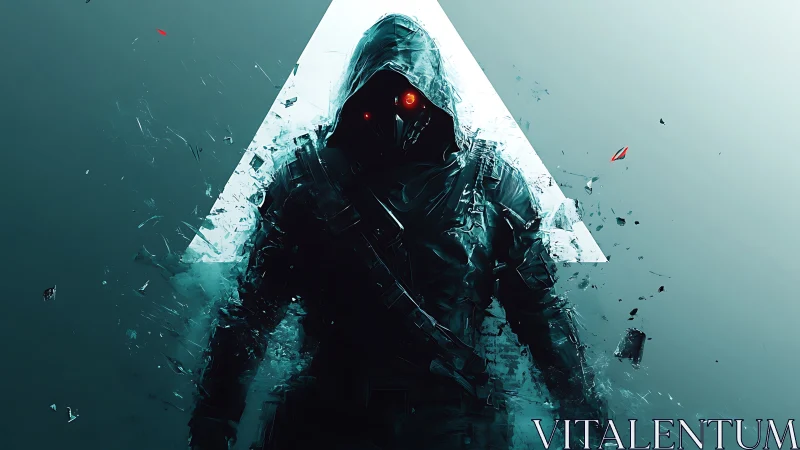 Hooded cyber rogue emerging from shards of neon dusk.