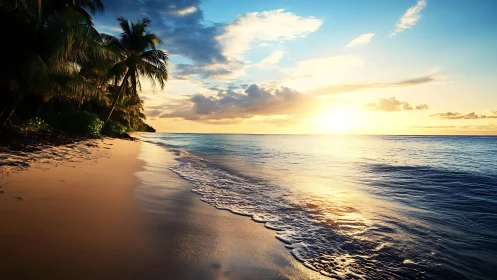 Tropical beach sunset illuminates calm shoreline and palms