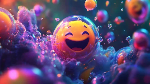 Joyful smiley bubbles dance in glowing neon foam