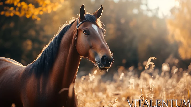 Sunlit bay horse listens to autumn fields hum softly