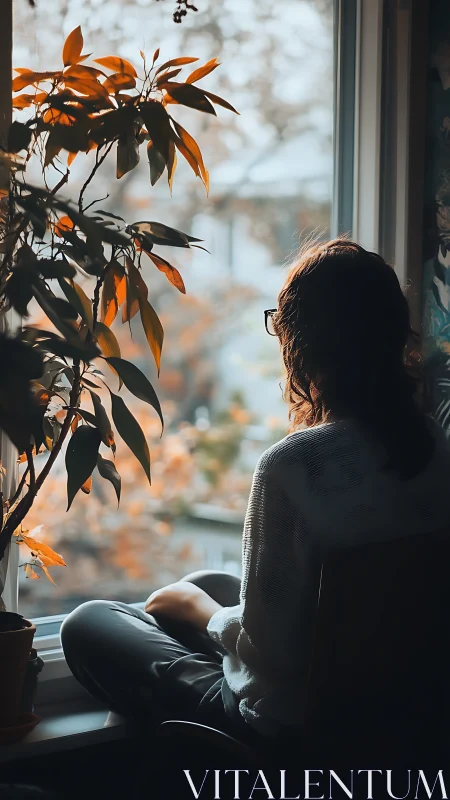 Woman in soft autumn light quietly reflecting by window