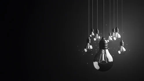 Glass pendant bulbs glow against deep charcoal void.