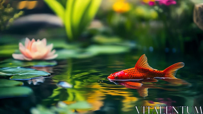 Orange koi fish gliding through reflective garden pond.