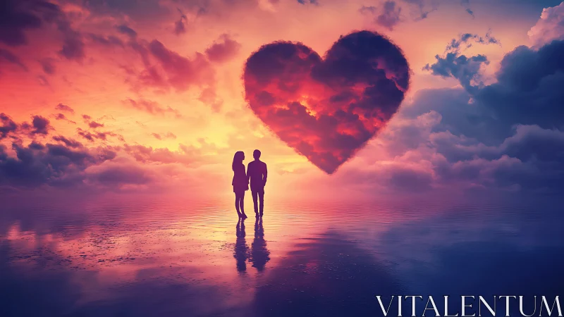 Silhouetted Couple Standing Before Heart-Shaped Cloud Formation.