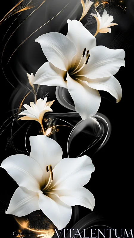 White lilies with golden stamens on dark background
