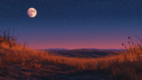 Moonlit grassy hillside overlooks distant rolling mountains at dusk