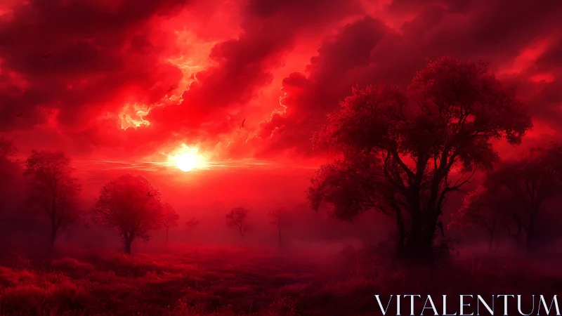 Crimson storm sunset engulfs misty forest horizon.