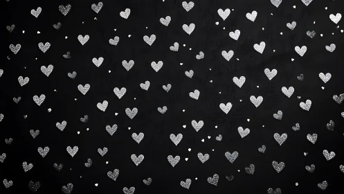 Shimmering silver hearts dance softly across deep black