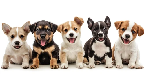 Five front-facing puppies sit aligned against seamless white