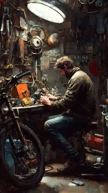 Quiet night in the motorcycle workshop, sparks of focus.