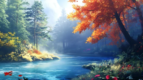 Spectral autumn riverbank under volumetric forest light fields.