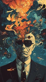 Suit-wrapped dream diver with galaxies leaking upward.