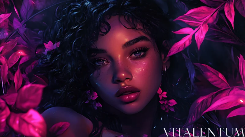 Digital portrait of woman amid neon magenta foliage at night.