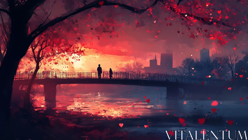 Romantic Urban Sunset with Heart-Shaped Petals.
