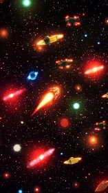 Colorful sci fi spacecraft scattered across starfield.