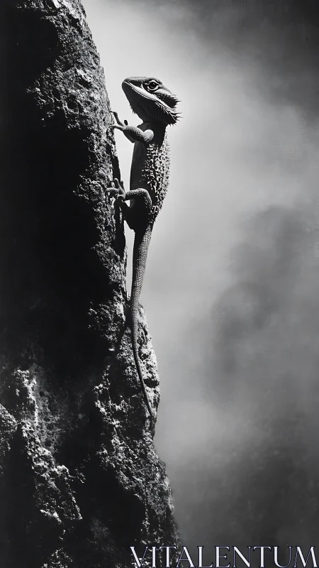 Solitary lizard clings to rugged rock in moody silhouette.