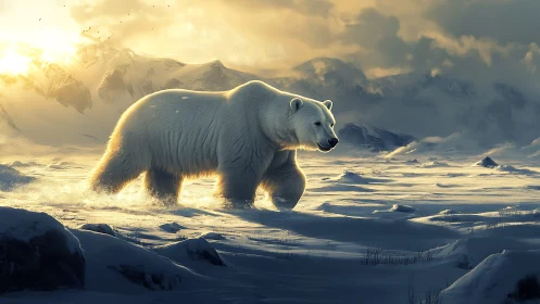 Polar bear strides through sunlit arctic snowfield at dawn.